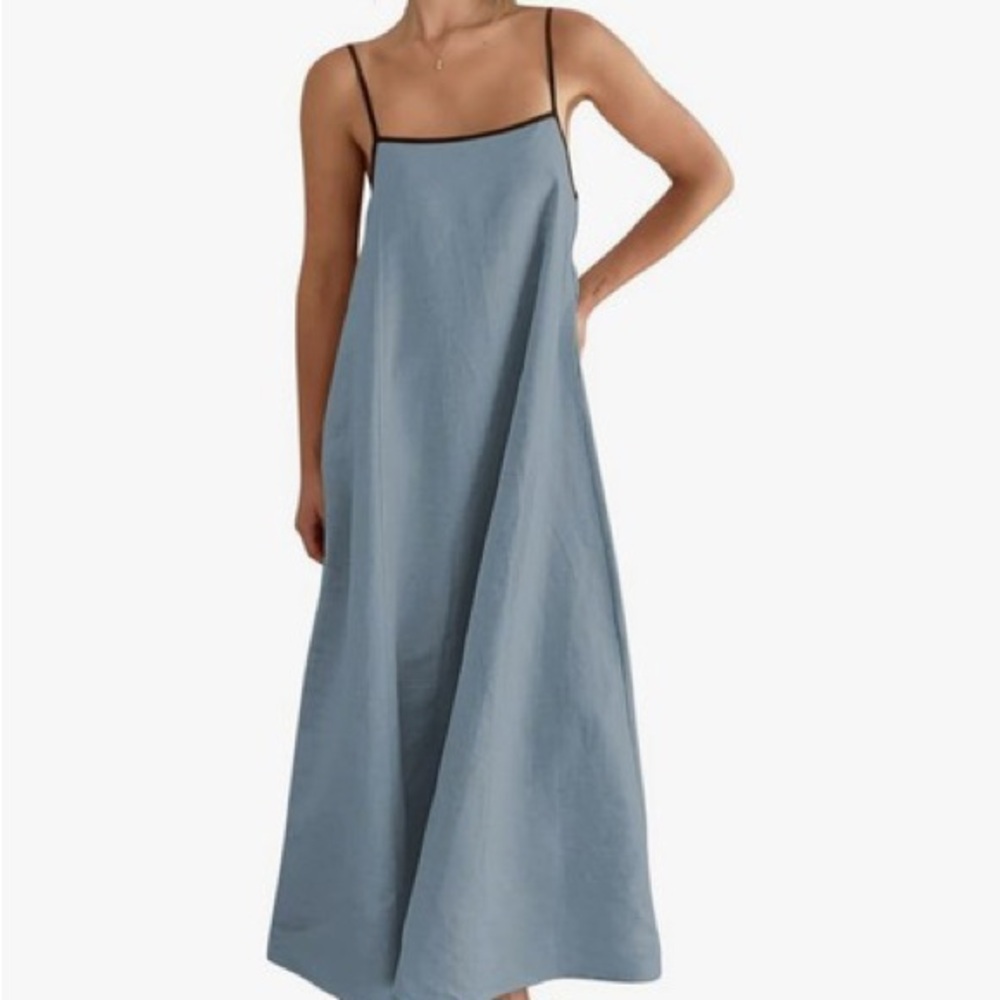 Blue Linen Maxi Slip Dress with Black Trim